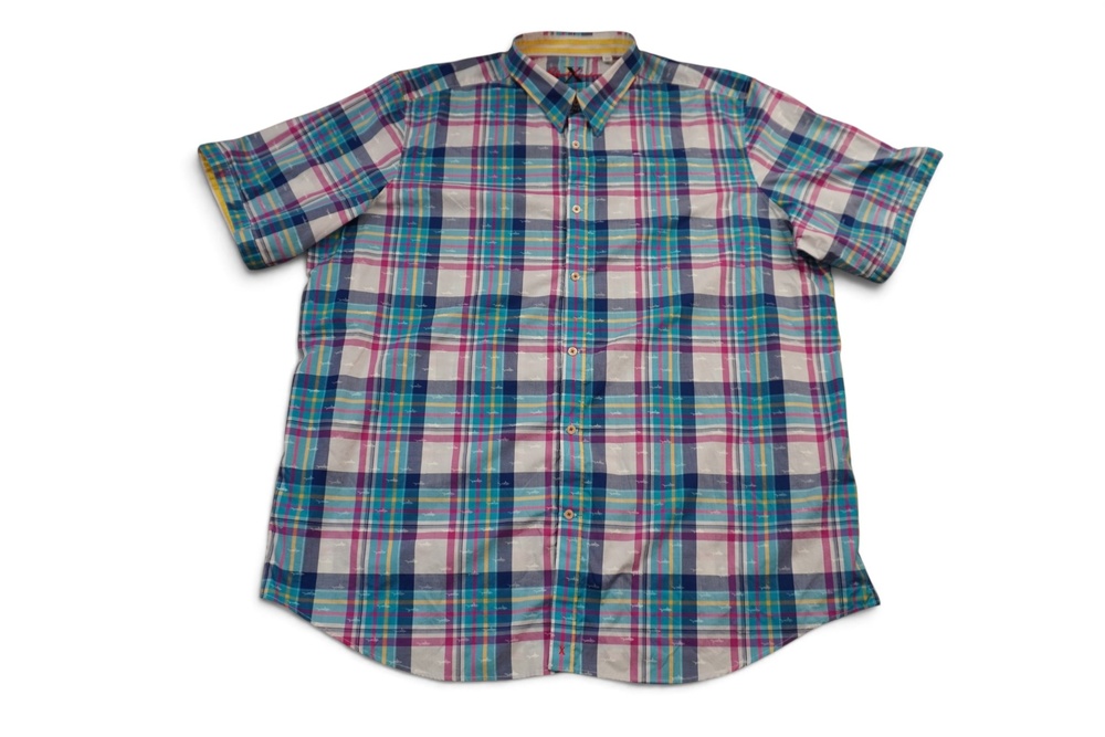 Robert Graham Shark Print Shirt Men 3XLT Blue Madras Plaid Short Sleeve Big Tall